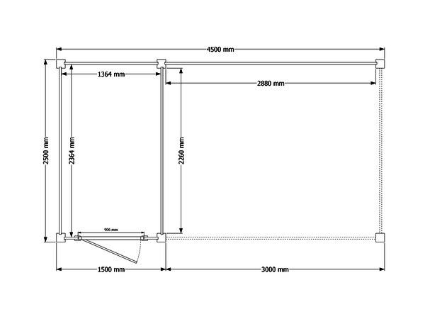 Blokhut met overkapping plat dak 150 x 250 + 300cm met palen