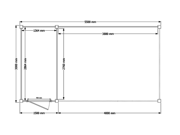 Blokhut met overkapping plat dak 150 x 300 + 400cm met palen