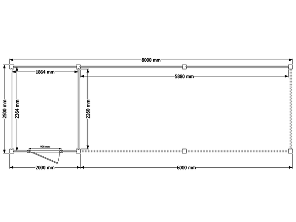 Blokhut met overkapping plat dak 200 x 250 + 600cm met palen