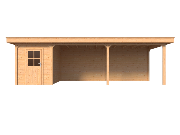 Blokhut met overkapping plat dak 200 x 300 + 600cm met palen