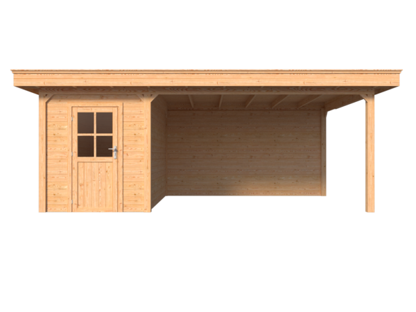 Blokhut met overkapping plat dak 200 x 350 + 400cm met palen