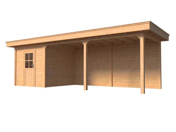 Blokhut met overkapping plat dak 250 x 250 + 500cm met palen