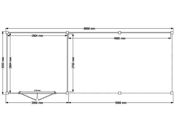 Blokhut met overkapping plat dak 300 x 300 + 500cm met palen