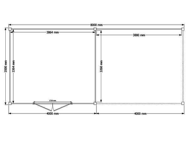 Blokhut met overkapping plat dak 400 x 350 + 400cm met palen