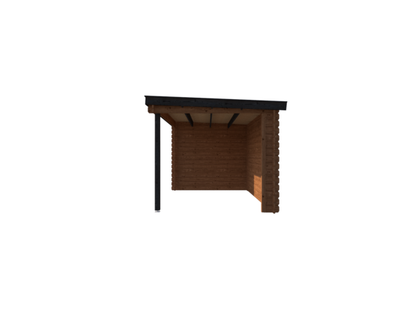 Blokhut met overkapping lessenaar dak 150 x 250 + 350cm in brown wash met black wash