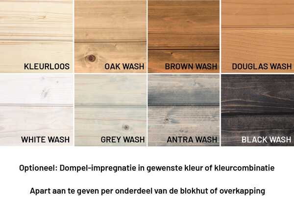 Blokhut met overkapping plat dak 150 x 250 + 350cm met palen in brown wash met black wash