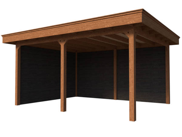 Houten overkapping plat dak 450 x 350cm met palen in black wash met brown wash