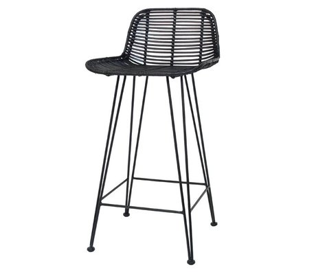 HK-living Sgabello da bar realizzato in rattan, nero, 88x47x46cm