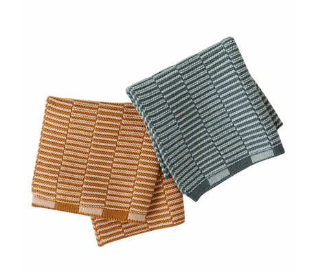OYOY Te håndklæder Stringa karamel brun mynte grøn sæt af 2 stk 25x25cm