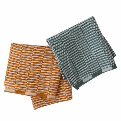 OYOY Torchons Stringa caramel brun menthe vert lot de 2 pièces 25x25cm