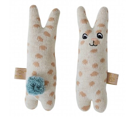 OYOY Rattle baby rabbit beige blu in cotone 4,5x14cm