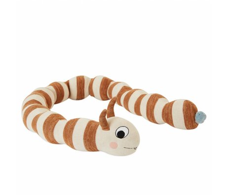 OYOY Cuddly pillow Leo Larve made of white caramel brown cotton ø16x140cm