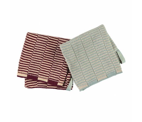 OYOY Tea towels Stringa eggplant pink + blue camel cotton set of 2 - 25x25cm