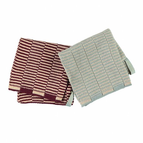 OYOY Tea towels Stringa eggplant pink + blue camel cotton set of 2 - 25x25cm