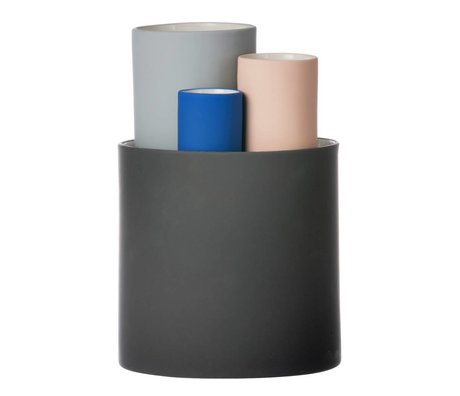 Ferm Living Recoger florero conjunto de cuatro jarrones negro gris rosado Ø14,5x19,5cm azul