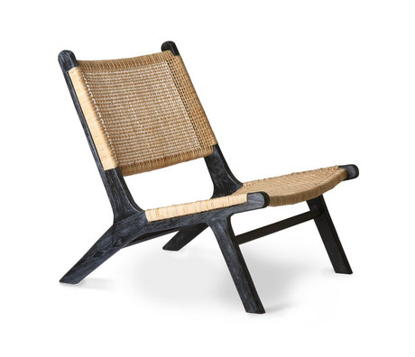 HK-living Chaise longue Webbing legno di rattan marrone nero 64x75x79cm