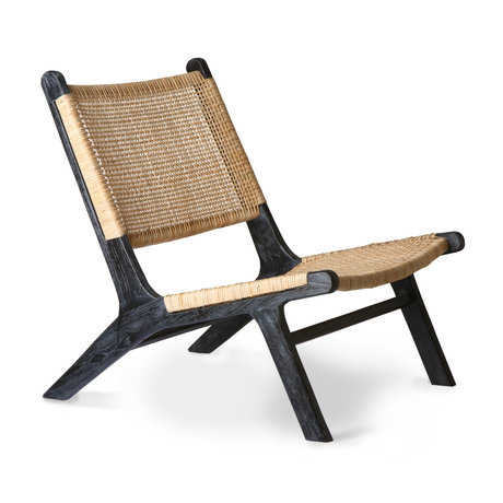 HK-living Chaise longue Webbing legno di rattan marrone nero 64x75x79cm