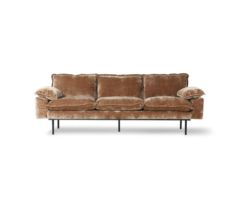 HK-living Sofa 3-pers. Retro fløjl Corduroy rustbrun tekstil 225x94x83cm