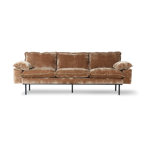 HK-living Sofa 3-pers. Retro fløjl Corduroy rustbrun tekstil 225x94x83cm