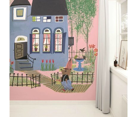 Kek Amsterdam Wallpaper Bear with blue house pink Multi-colored paper fleece 243,5x280cm