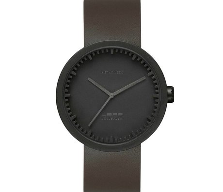 LEFF amsterdam PM Tube Watch D42 brushed stainless steel matte black waterproof with brown leather strap ø42x10,6mm