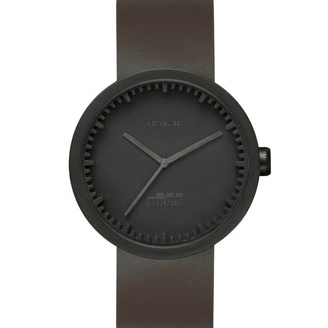 LEFF amsterdam PM Tube montre D42 brossé mat en acier inoxydable noir imperméable avec cuir marron sangle ø42x10,6mm