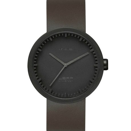 LEFF amsterdam PM Tube Watch D42 brushed stainless steel matte black waterproof with brown leather strap ø42x10,6mm