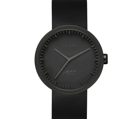 LEFF amsterdam PM Tube Watch D42 brushed stainless steel matte black with black leather strap waterproof Ø42x10,6mm