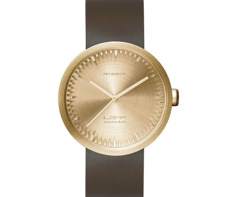 LEFF amsterdam PM Tube Watch D42 brushed stainless steel brass gold with brown leather strap waterproof Ø42x10,6mm