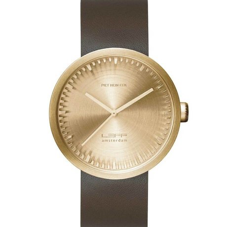 LEFF amsterdam PM Tube Watch D42 brushed stainless steel brass gold with brown leather strap waterproof Ø42x10,6mm