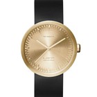 LEFF amsterdam Armbanduhr Tube Watch D42 aus gebürstem, rostfreiem Stahl, Messing-Gold mit schwarzem Lederarmband wasserdicht Ø42x10,6mm