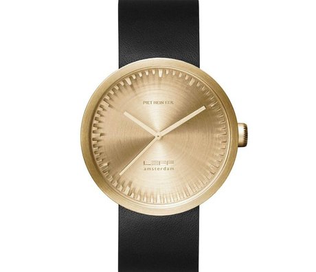 LEFF amsterdam PM Tube Watch D42 børstet rustfrit stål messing guld med sort læderrem vandtæt Ø42x10,6mm