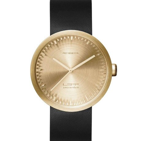 LEFF amsterdam PM Tube Watch D42 brushed stainless steel brass gold with black leather strap waterproof Ø42x10,6mm