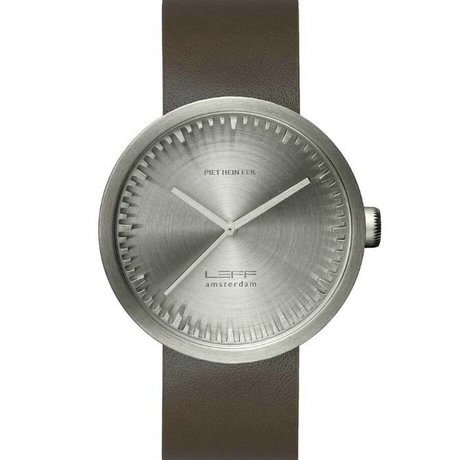 LEFF amsterdam PM Tube Watch D42 brushed stainless steel with brown leather strap waterproof Ø42x10,6mm