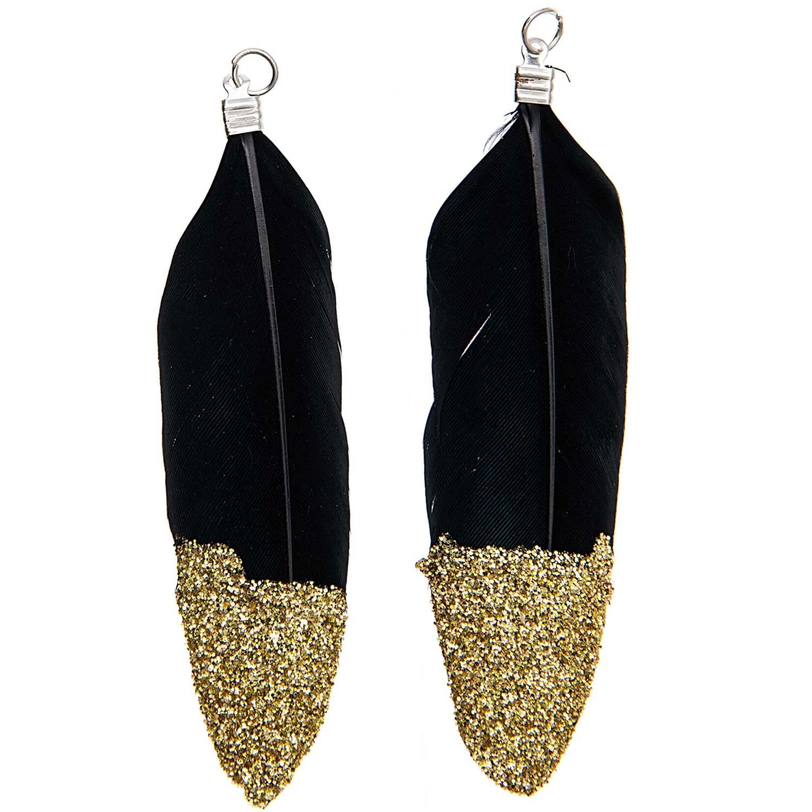 RICO FEATHERS, GLITTER, BLACK/GOLD 2 PCS, WITH SILVER EYELET