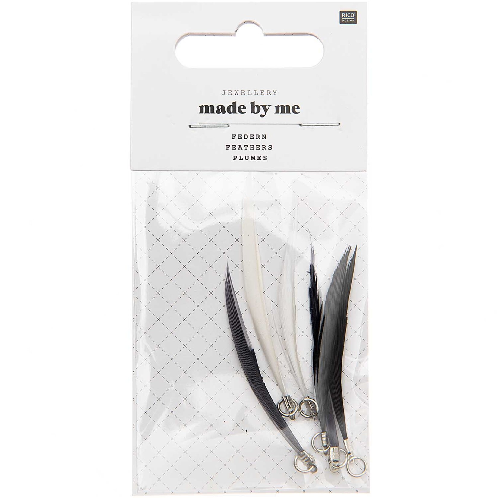 RICO FEATHERS, BLACK & GREY MIX 6 PCS, WITH SILVER EYELET