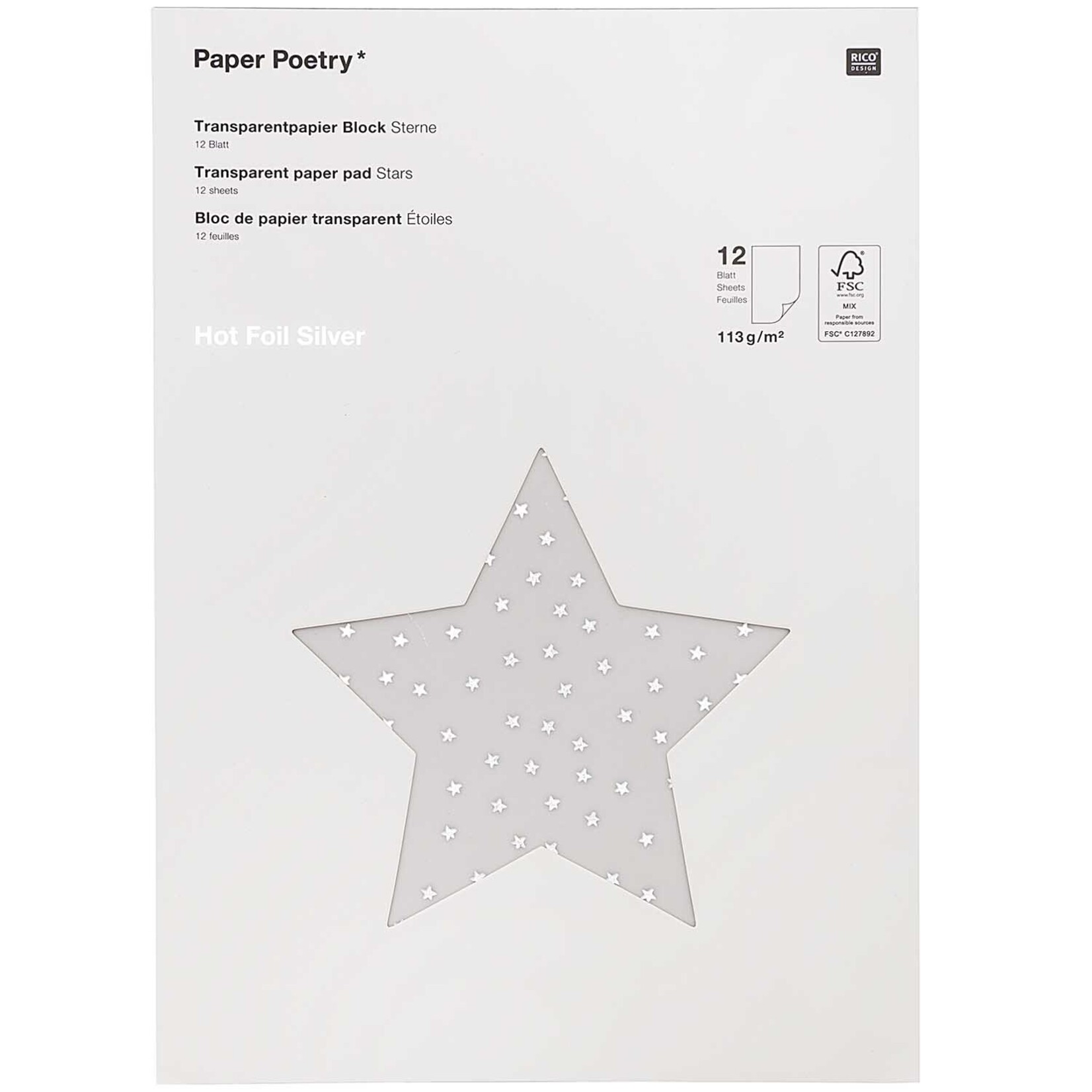 RICO TRANSPARANT PAPER,STAR/SI FSC MIX 12 SHEETS, 210X295 MM, 113G