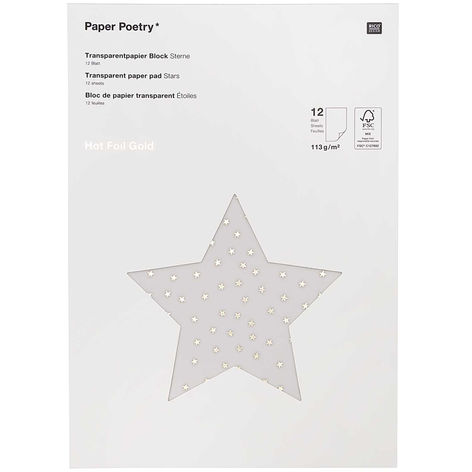 RICO TRANSPARANT PAPER, STAR/GOLD FSC MIX 12 SHEETS, 210X295 MM, 113G