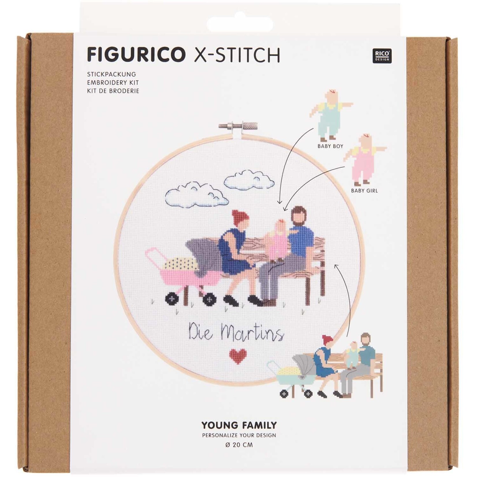 RICO Embroidery kit Figurico Young Family, picture ÃƒËœ 20 cm, counted cross stitch
