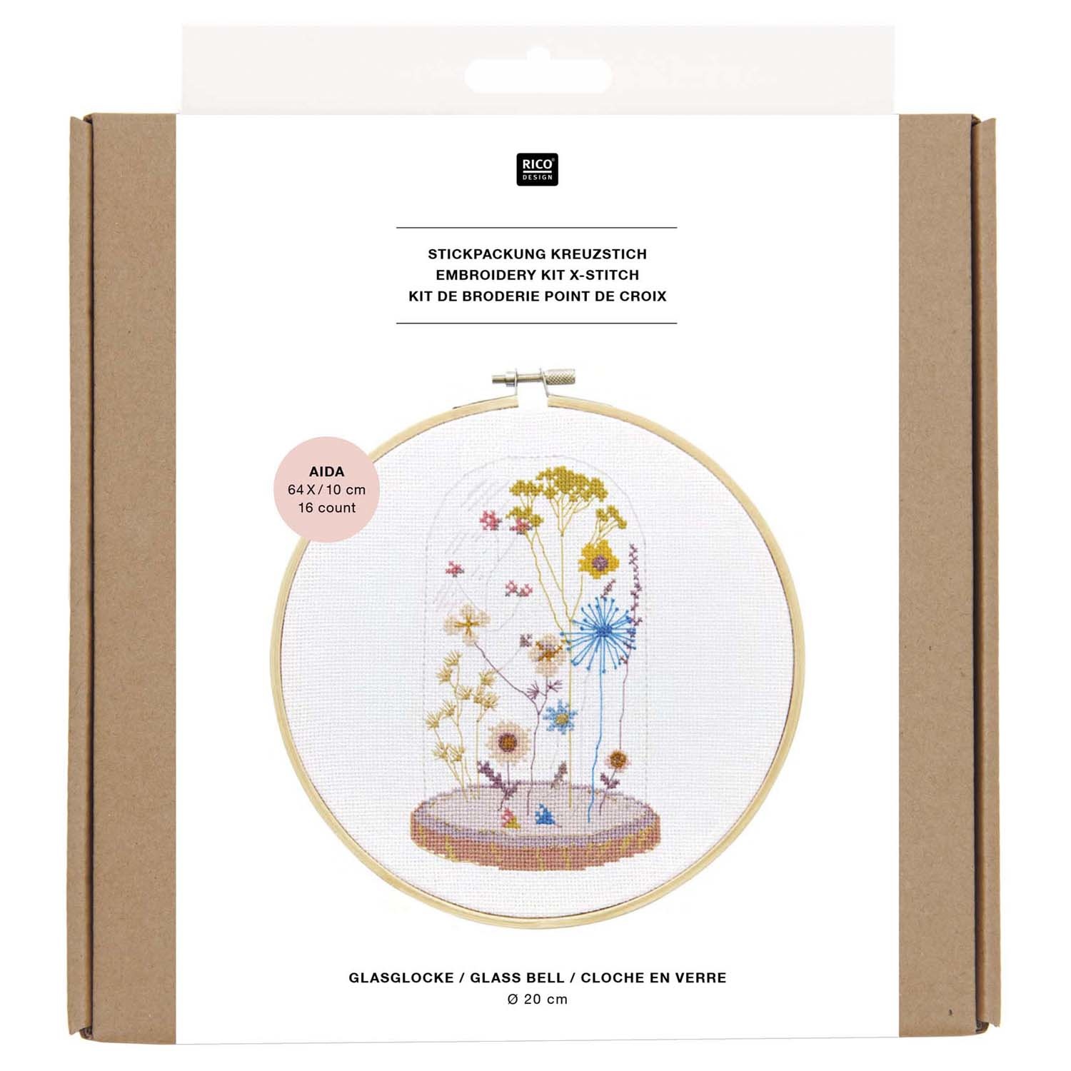 Rico NAY Embroidery kit transformation glass bell, picture Ø 20 cm, counted cross stitch