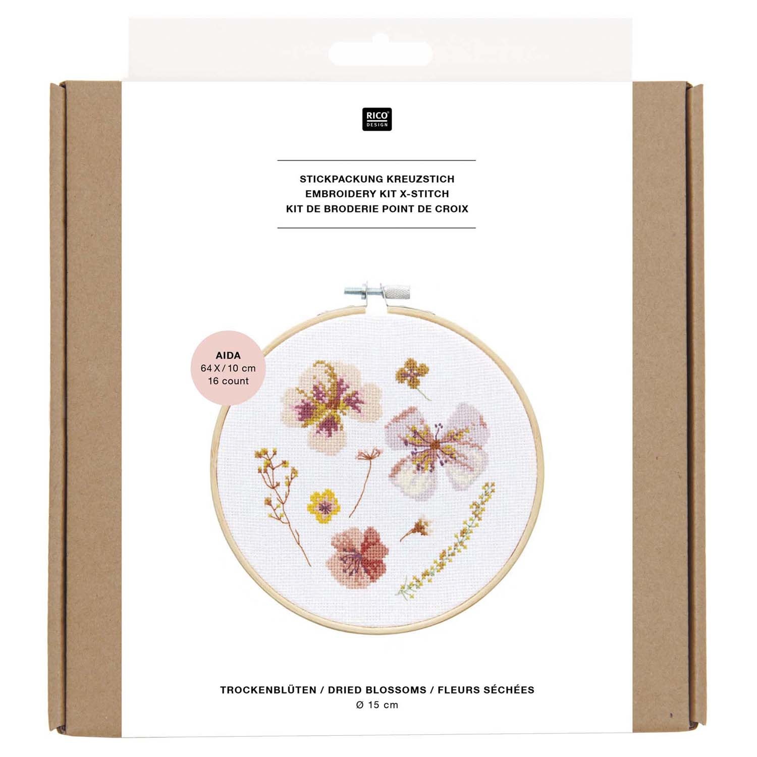 Rico NAY Embroidery kit transformation dried blossoms, picture Ø 15 cm, counted cross stitch
