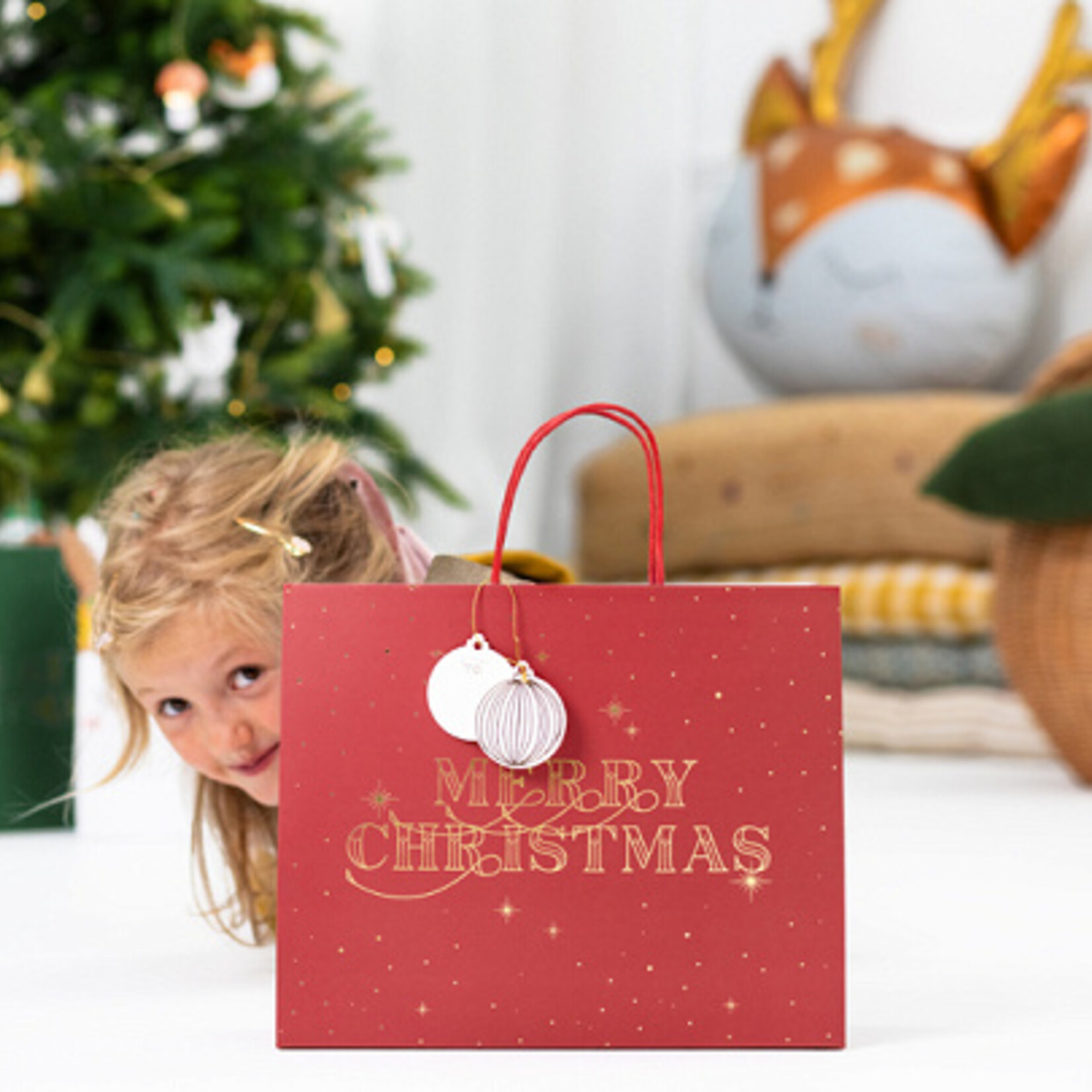 PD Gift bag Merry Christmas, deep red, 32.5x26.5x11.5cm