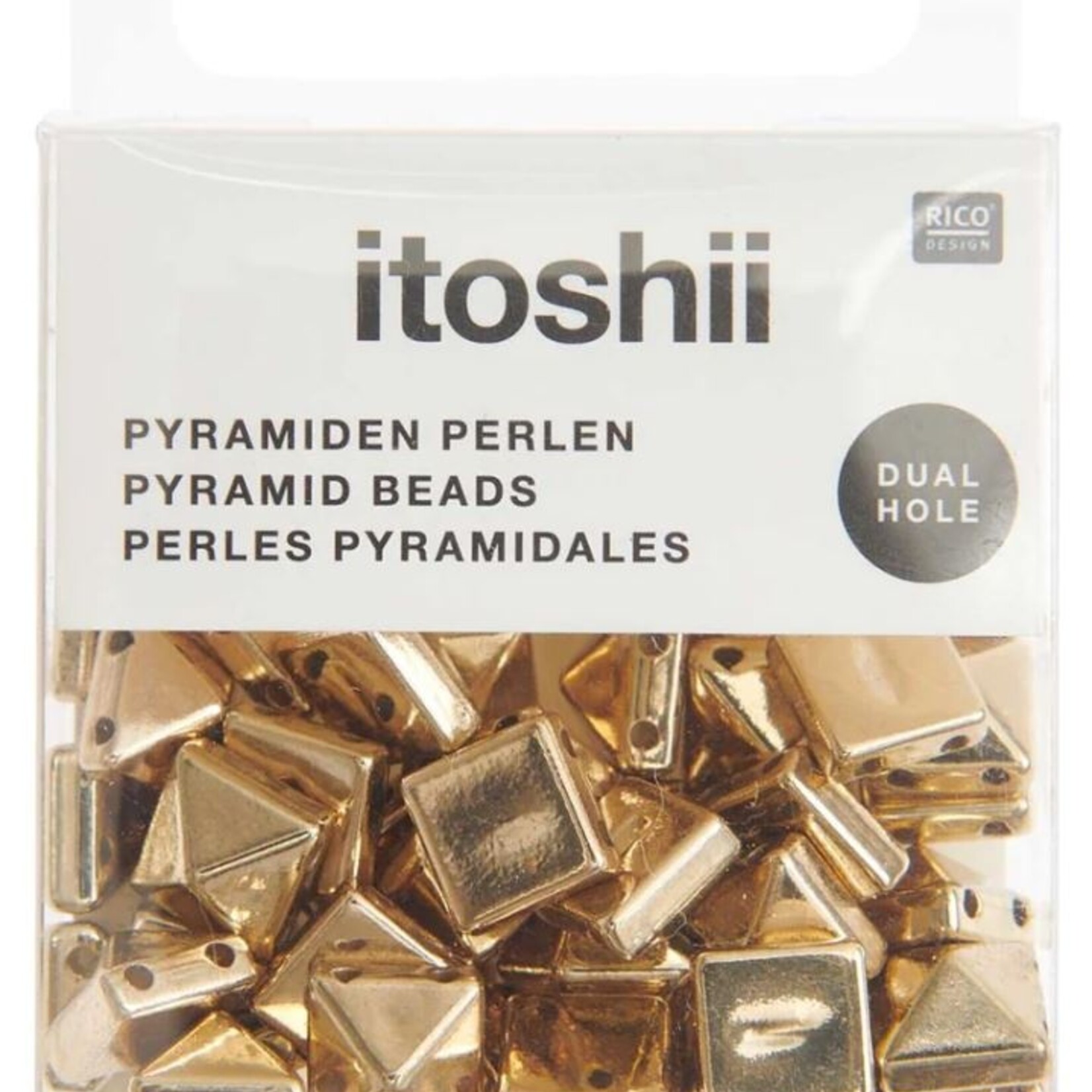 RICO Pyramid beads, square, S, gold, 50 pcs, 7 x 7 x 5 mm, 4 holes