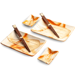 EDO Japan Sushi bord en sauskommetje Hanabi , per 2 verpakt, incl 2 paar bamboe chopsticks, porcelain, Japan