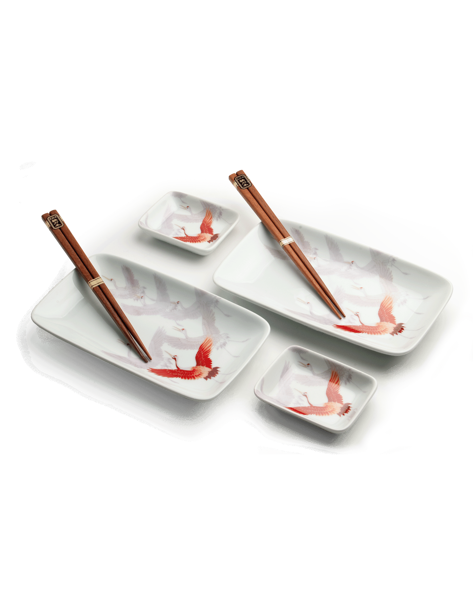 EDO Japan Sushi bord en sauskommetje Crane Bird, per 2 verpakt, incl 2 paar bamboe chopsticks, porcelain