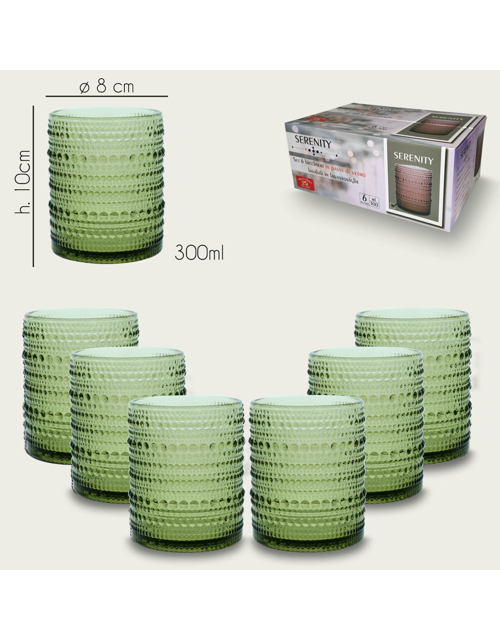 Arca Tumbler Arca Serenity, groen, 300ml, , 6-pack, water/c/mocktailglas met een unieke en robuuste look, past voor elke gelegenheid