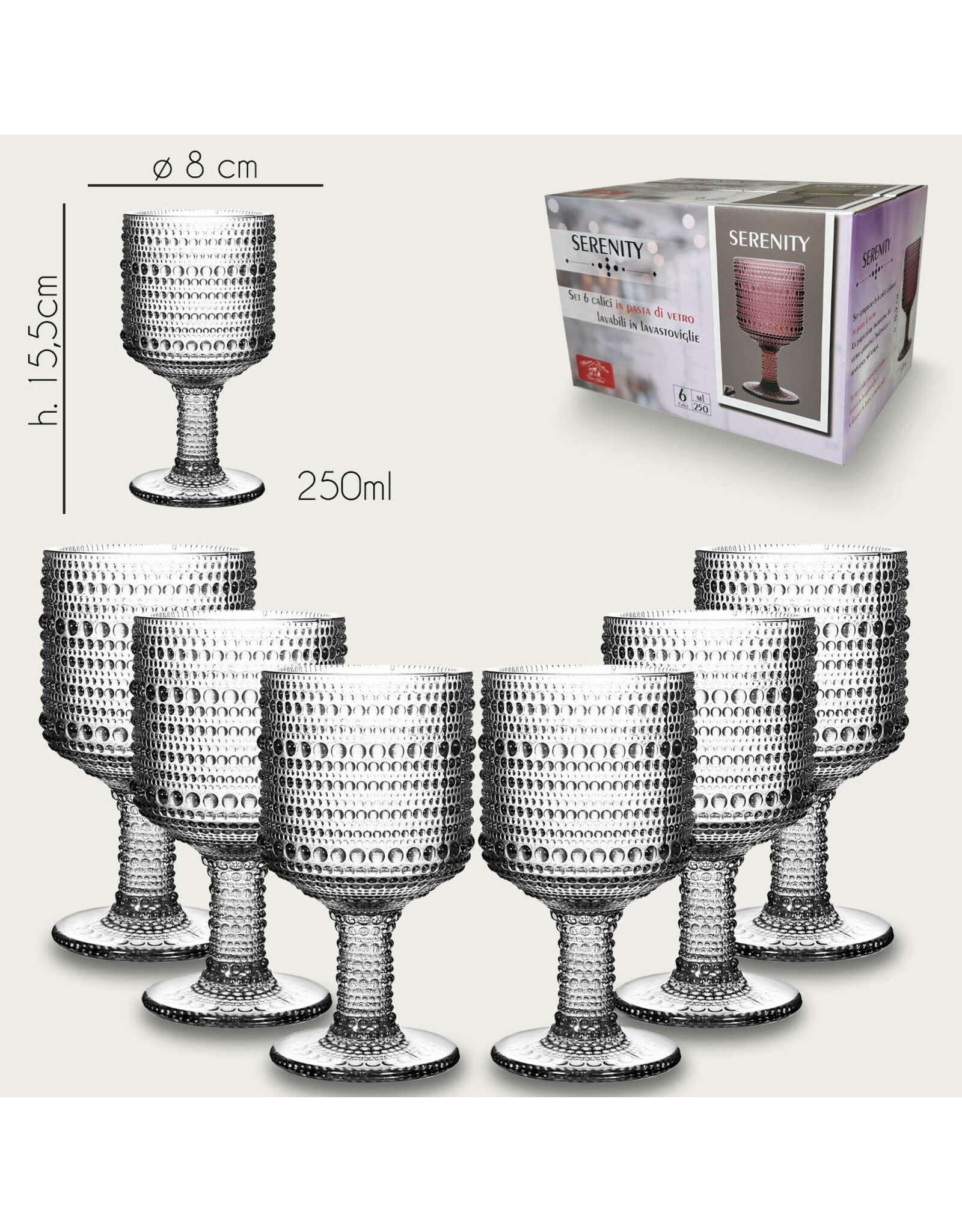 Arca Wine glass Arca Serenity, clear, 250ml, 6-pack, water/c/mocktailglass  with a unique and robust look, suitable for any occasion
