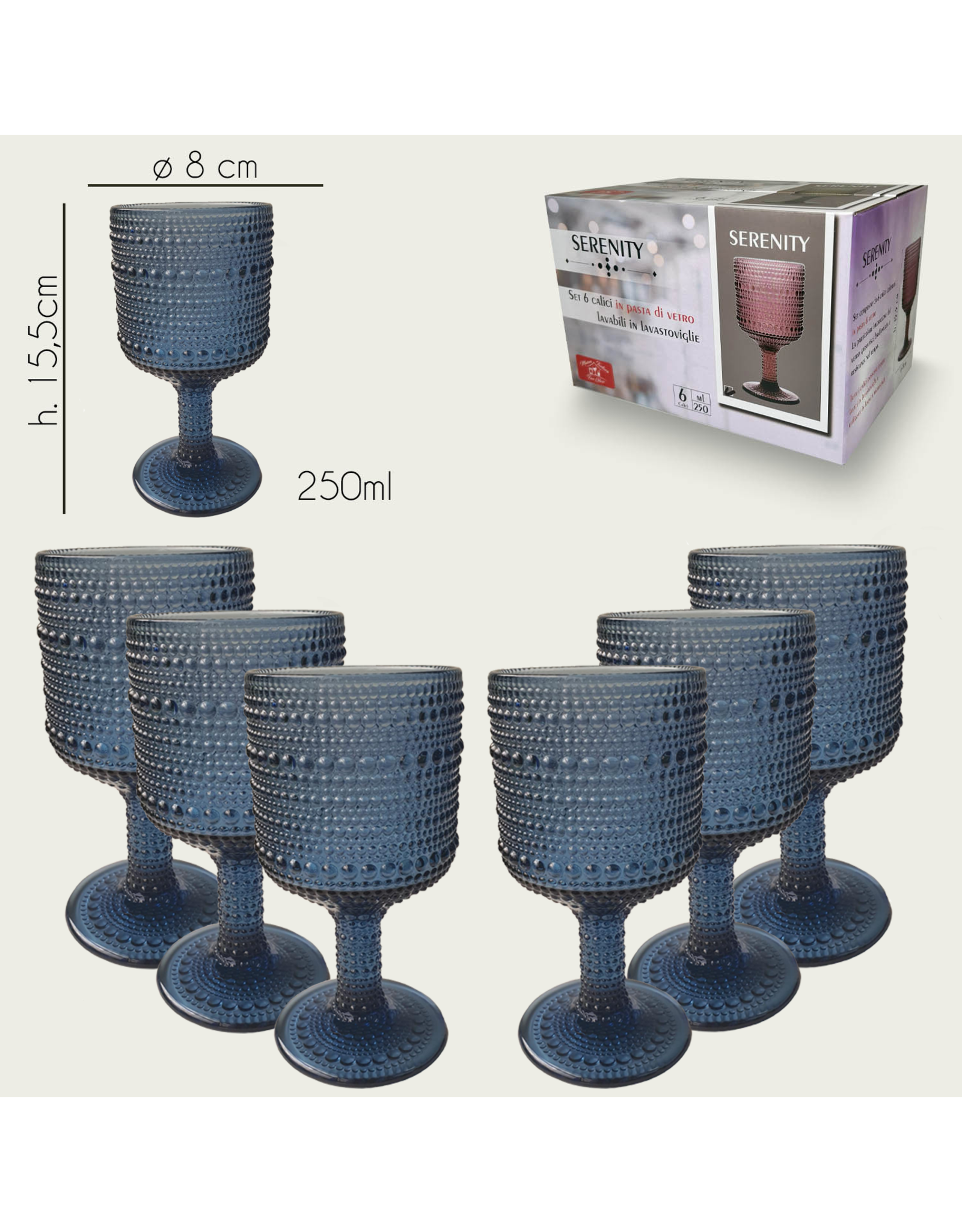 Arca Wijnglas  Arca Serenity, blauw, 250ml, 6-pack, water/c/mocktailglas met een unieke en robuuste look, past voor elke gelegenheid