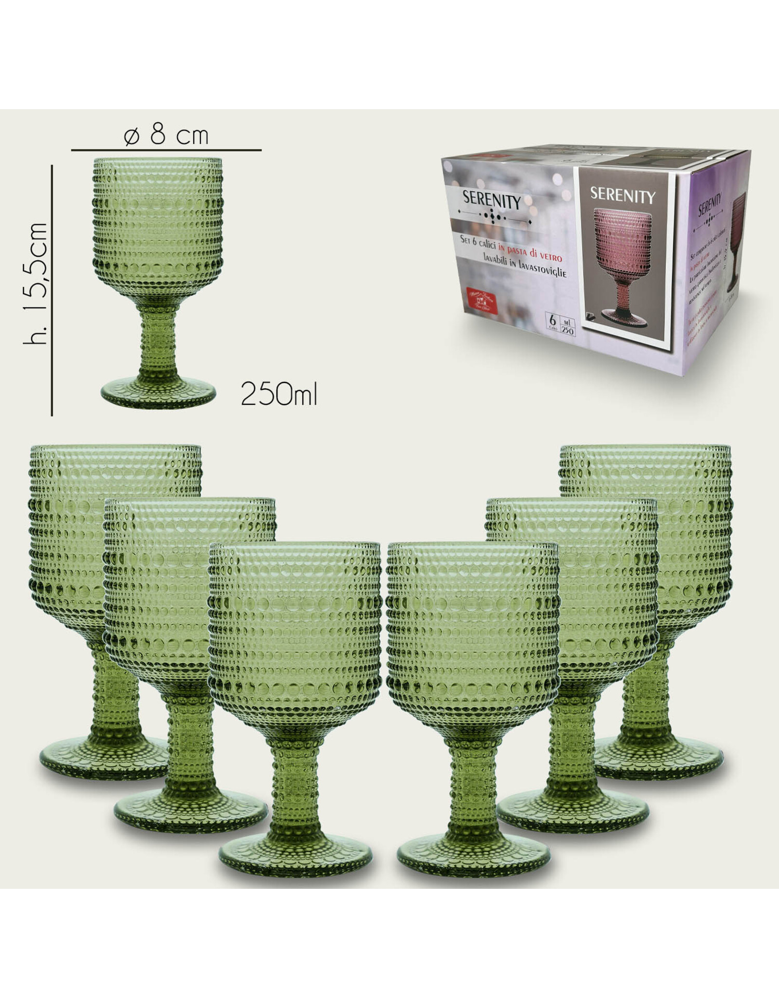 Arca Wijnglas  Arca Serenity, groen, 250ml, 6-pack, water/c/mocktailglas met een unieke en robuuste look, past voor elke gelegenheid