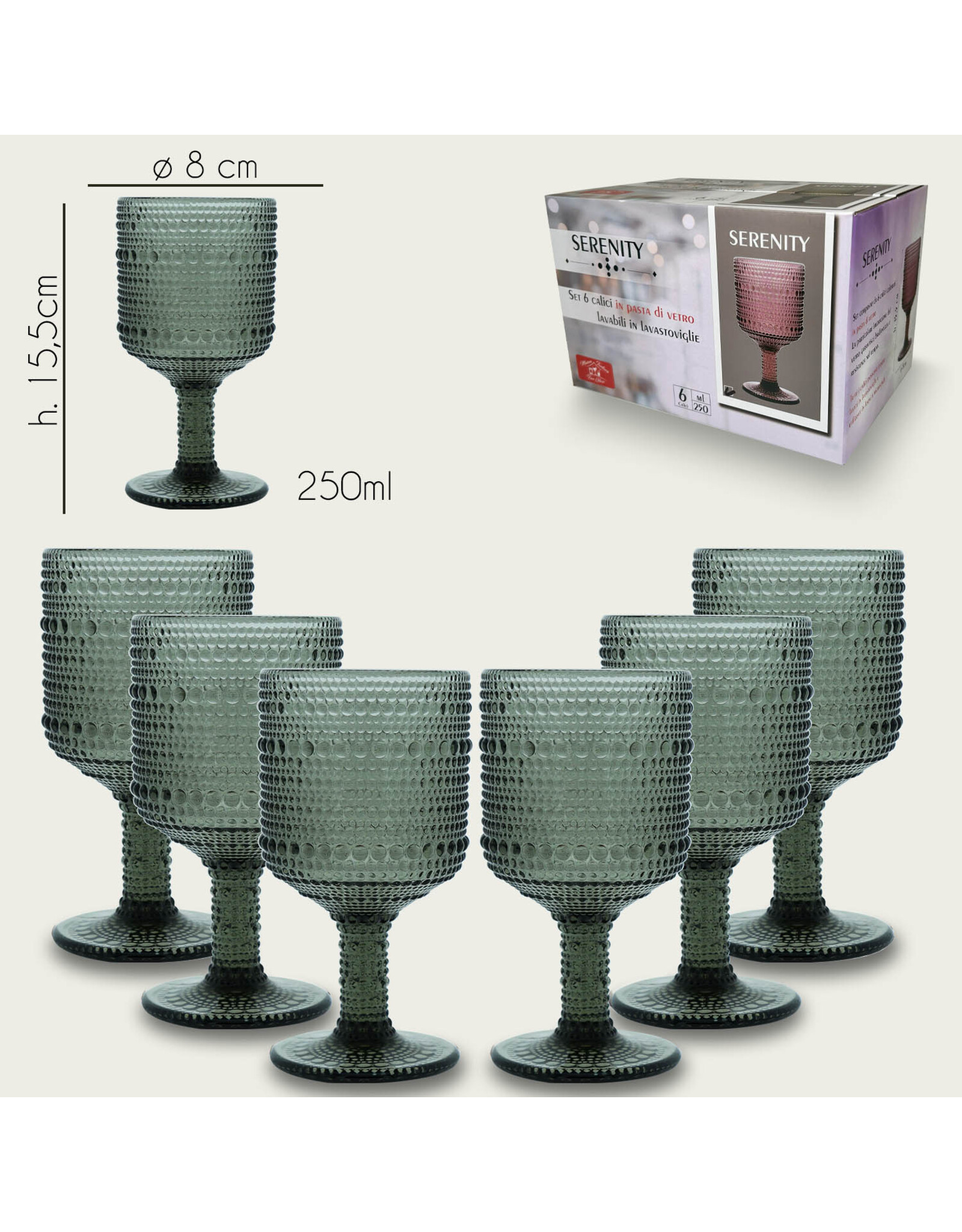 Arca Wijnglas  Arca Serenity, grijs, 250ml, 6-pack, water/c/mocktailglas met een unieke en robuuste look, past voor elke gelegenheid
